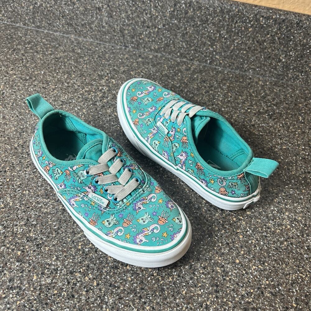 Vans Off The Wall Kids Girl Sz 2 Green Sea Party Elastic Lace Low Canvas Sneaker
